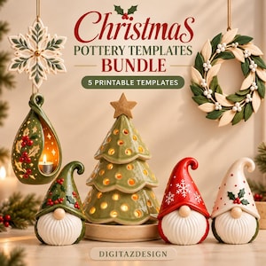 May include: A Christmas pottery templates bundle featuring five printable designs. The image displays a ceramic snowflake, a wreath, a hanging ornament, a tree-shaped luminary, and two gnome figurines with red and cream hats.