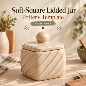 May include: A beige speckled ceramic jar with a soft-square shape, diagonal embossed lines, and a matching lid featuring a spherical knob. The text above reads Soft-Square Lidded Jar Pottery Template PRINTABLE with a small heart icon.