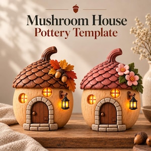 May include: Two acorn-shaped pottery houses with glowing windows and doors. The left house has a brown cap with autumn leaves and acorns. The right house has a pink cap with pink flowers and green leaves. Text reads: Mushroom House Pottery Template.