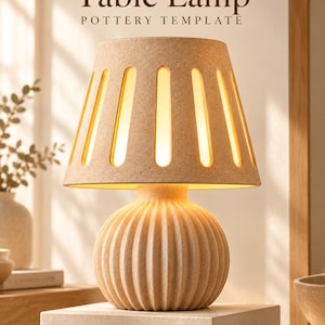 Mall för bordslampa i PDF-format, mönster för ribbad keramiklampa, mall för lera för plattbyggnad, utskrivbart keramikmönster, gör-det-själv-nedladdning