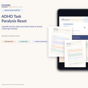 Puede incluir: Una tableta digital muestra un planificador Kynora ADHD Task Paralysis Reset con secciones de colores pastel. La pantalla muestra una interfaz PDF imprimible y rellenable con indicaciones de texto para la gestión de tareas.