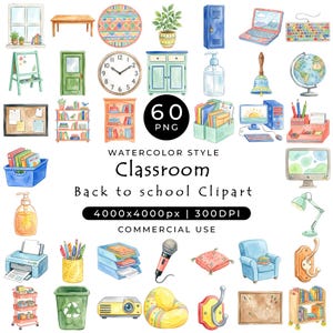 Könnte beinhalten: Eine Sammlung von 60 Clipart-Elementen im Aquarellstil für Klassenzimmer und Schulanfang, darunter Möbel, Schreibwaren, Elektronik und Dekorationsartikel. Das Bild enthält den Text 60 PNG, Watercolor Style Classroom, Back to school Clipart, 4000x4000px | 300DPI und COMMERCIAL USE.