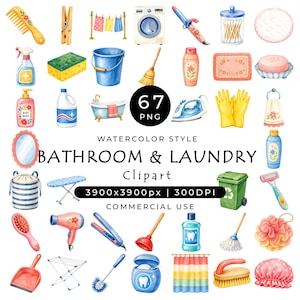 May include: A collection of 67 watercolor-style bathroom and laundry clipart elements including a washing machine, iron, cleaning supplies, brushes, sponges, towels, and personal care items, with text reading 67 PNG WATERCOLOR STYLE BATHROOM & LAUNDRY Clipart 3900x3900px | 300DPI COMMERCIAL USE.