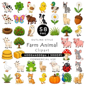 May include: A collection of digital illustrations featuring farm animals, plants, and nature elements. The text reads 58 PNG, OUTLINE STYLE, Farm Animal Clipart, 4000x4000px | 300DPI, COMMERCIAL USE. Includes a cow, chicken, duck, donkey, pig, sheep, cat, dog, and pumpkin.