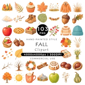 May include: A collection of fall-themed digital illustrations including pumpkins, autumn leaves, apples, acorns, cinnamon sticks, a sweater, a beanie, a jacket, a basket, a pie, a cupcake, a cinnamon roll, trees, and wheat, with text 103 PNG.