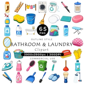 May include: A digital collection of 65 bathroom and laundry clipart icons in an outline style. The set includes illustrations of cleaning supplies, toiletries, appliances, and laundry items like a washing machine, iron, mop, and soap.