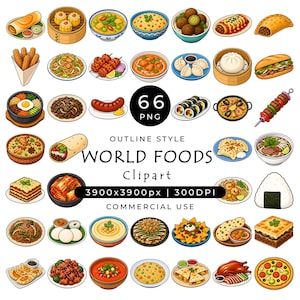 Può includere: Una collezione di 66 illustrazioni digitali di cibo con vari piatti internazionali come sushi, pizza, gnocchi, noodles e tacos. Il testo recita 66 PNG, OUTLINE STYLE WORLD FOODS Clipart, e 3900x3900px | 300DPI COMMERCIAL USE.