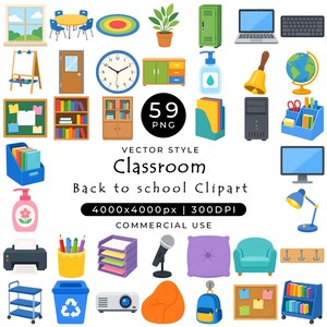 Könnte beinhalten: Eine Sammlung von 59 Vektor-Clipart-Symbolen für Klassenzimmer und Schulanfang, darunter Möbel, Schulbedarf, Elektronik und Dekoration. Der Text lautet 59 PNG, VECTOR STYLE Classroom, Back to school Clipart, 4000x4000px | 300DPI, COMMERCIAL USE.