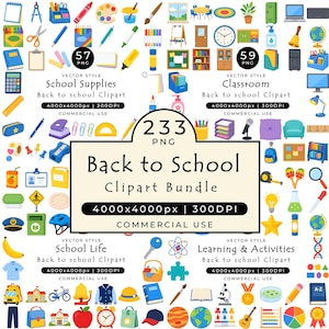 Könnte beinhalten: Eine digitale Sammlung von 233 Back to School Clipart Bundle PNG-Dateien mit farbenfrohen Vektor-Illustrationen von Schulbedarf, Klassenzimmerartikeln und Lernaktivitäten, darunter Notizbücher, Globen, Stifte und Schulgebäude.