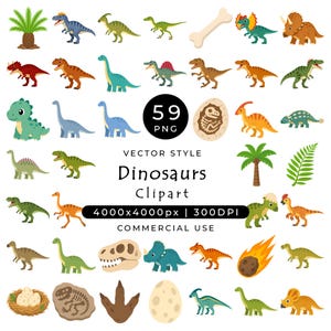 May include: A collection of 59 dinosaur-themed digital illustrations including various species, a bone, a fossilized egg, a skull, a footprint, a palm tree, a fern leaf, and a meteor, with text reading 59 PNG, Vector Style, Dinosaurs Clipart, 4000x4000px.