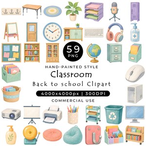 Könnte beinhalten: Eine Sammlung von 59 handgemalten Classroom-Clipart-Bildern, darunter Möbel, Bürobedarf, Elektronik und Dekoration. Der Text lautet 59 PNG, HAND-PAINTED STYLE Classroom Back to school Clipart, 4000x4000px | 300DPI, COMMERCIAL USE.