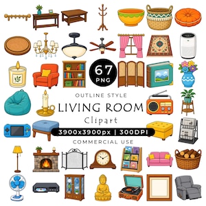 Woonkamer contouren, meubels en woondecoratie clipart PNG, set interieurvoorwerpen