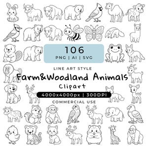 Op de afbeelding: Een verzameling zwart-wit lijntekeningen met diverse boerderij- en bosdieren. De tekst luidt 106 PNG | AI | SVG, LINE ART STYLE, Farm & Woodland Animals Clipart, 4000x4000px | 300DPI en COMMERCIAL USE.