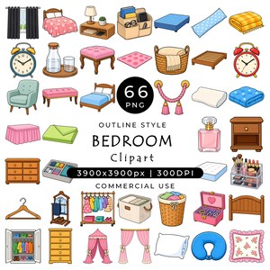 May include: A collection of 66 bedroom-themed digital illustrations featuring furniture like beds, dressers, and nightstands, alongside accessories including pillows, blankets, alarm clocks, curtains, storage bins, and organisers with the text 66 PNG.