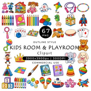 Puede incluir: Una colección de 67 coloridas ilustraciones digitales que muestran varios juguetes y artículos de sala de juegos, incluyendo una casa de muñecas, un oso de peluche, bloques de construcción, crayones, una cuerda de saltar y un juego de té con el texto 67 PNG.