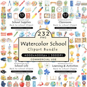 Puede incluir: Una colección digital de 232 imágenes prediseñadas en acuarela con temática escolar, que incluyen diversos útiles escolares, mobiliario de aula y actividades de aprendizaje. El paquete incluye etiquetas de texto para School Supplies, Classroom, School Life y Learning.
