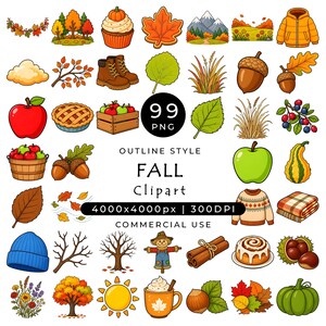 May include: A collection of fall-themed digital illustrations including autumn leaves, pumpkins, apples, acorns, trees, a sweater, a beanie, a pie, a cinnamon roll, a scarecrow, and a mug with the text 99 PNG OUTLINE STYLE FALL Clipart 4000x4000px 300DPI.