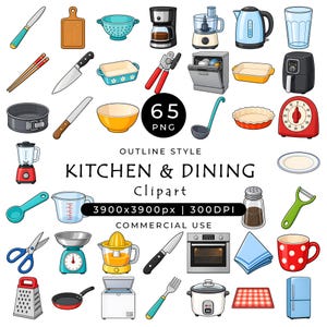 May include: A collection of 65 kitchen and dining clipart illustrations featuring various appliances, utensils, and cookware items. The set includes a blender, knives, pots, pans, a refrigerator, and a dishwasher, all presented in a colorful outline style.