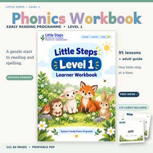 May include: A Little Steps Level 1 Learner Workbook featuring a colorful cover with illustrations of a robin, hedgehog, lamb, fox, and rabbit in a meadow. The text includes Little Steps, Level 1, Learner Workbook, 95 lessons, and 175 cards included.