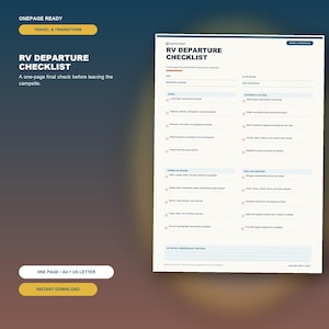 Puede incluir: Una lista de verificación de salida para vehículos recreativos en papel blanco con texto azul oscuro y detalles en naranja. El formulario incluye secciones para fecha, ubicación, interior, exterior, servicios y una revisión final.