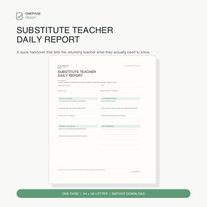 Op de afbeelding: Een wit, printbaar dagelijks rapportformulier voor vervangende docenten met zwarte tekst. Het document bevat secties voor docent, klas, datum, aanwezigheid, roosterwijzigingen, klasnotities, voltooide lessen, studentenopvolging en notities.