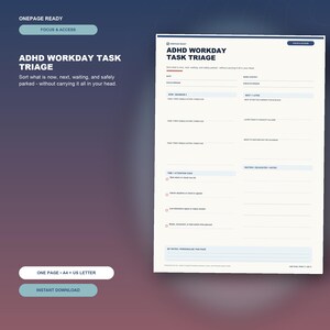 Op de afbeelding: Een wit ADHD Workday Task Triage planningsblad met donkerblauwe tekst. Het document bevat secties voor datum, werkcontext, focusvenster en taakprioriteringscategorieën zoals nu, volgende, wachtend en notities voor dagelijkse organisatie.