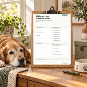 Op de afbeelding: Een houten klembord met een wit vel papier met de titel Pet Medication Schedule & Log. Het document bevat secties voor instructies, een dagelijkse checklist, observaties en een veiligheidscontrole, met een donkergroene pen ernaast.