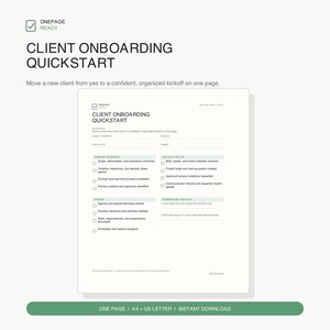 Op de afbeelding: Een wit digitaal document getiteld Client Onboarding Quickstart met secties voor Confirm the Basics, Collect & Set Up en Kickoff. Het formulier bevat selectievakjes voor taken zoals het bevestigen van de scope en projectmappen.