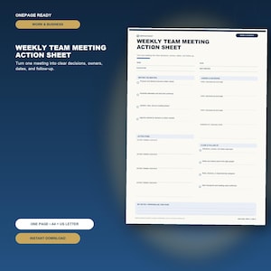 May include: A white Weekly Team Meeting Action Sheet template with dark blue text and lines. The document includes sections for team, date, facilitator, next meeting, before the meeting, agenda, decisions, action items, and close and follow-up.
