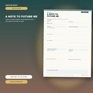 Op de afbeelding: Een printbaar A4- en US Letter-document getiteld A NOTE TO FUTURE ME. De sjabloon bevat gestructureerde secties voor het schrijven van persoonlijke context, aanmoedigingen en herinneringen, inclusief velden voor datums en persoonlijke notities.