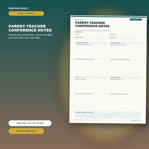 May include: A white printable parent-teacher conference notes form with dark text. The document includes sections for student information, strengths, progress, discussion points, goals, and next steps, with lines for writing and a footer for notes.