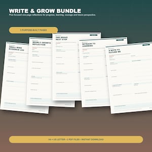 Op de afbeelding: Een Write & Grow Bundle met vijf witte printbare pagina's met donkere tekst. Titels zijn onder andere Small Wins Evidence Log, Weekly Growth Reflection, One Brave Next Step, Setback to Learning en A Note to Future Me. Inclusief A4 en US Letter formaten.