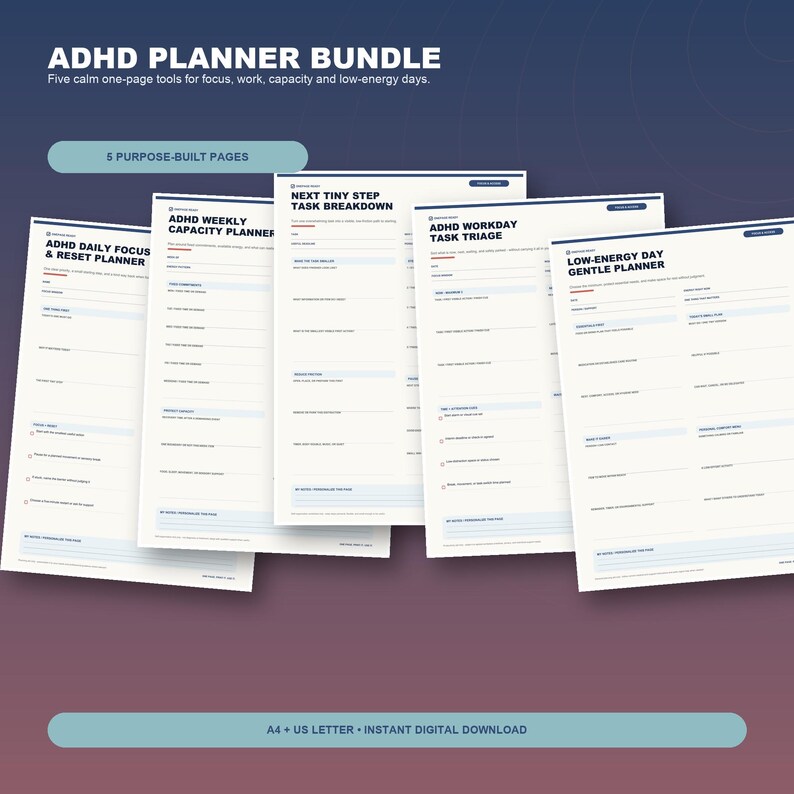 ADHD Planner Bundle - 5 Low-overwhelm Daily, Work and Weekly Planning ...