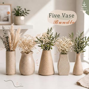May include: A set of five beige speckled ceramic vases of varying shapes, each containing dried floral arrangements including pampas grass, baby's breath, and olive branches. The text "Five Vase Bundle" is visible in the upper right corner.