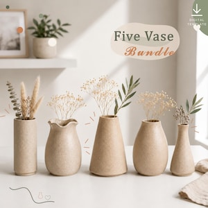 Puede incluir: Un conjunto de cinco jarrones beige moteados de diversas formas y tamaños, cada uno con tallos botánicos secos. El texto "Five Vase Bundle" aparece en la parte superior derecha, junto a un icono de descarga y "DIGITAL TEMPLATE".
