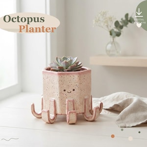 May include: A light pink, speckled ceramic octopus planter with a hexagonal body and eight curved legs. The planter features a small, simple smiling face and holds a green succulent plant. Text reads Octopus Planter.