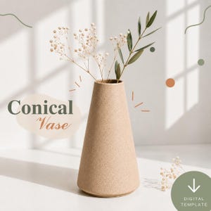 Könnte beinhalten: Eine beige konische Vase mit gesprenkelter Textur, die zarte weiße Schleierkrautblüten und einen einzelnen grünen Blattstiel enthält. Das Bild zeigt den Text Conical Vase und ein Symbol für den Download einer digitalen Vorlage.