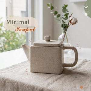 Könnte beinhalten: Eine quadratische, beige Teekanne mit gesprenkelter Textur, einem flachen Deckel mit kleinem Knauf, einem seitlichen Griff und einem kurzen Ausguss. Der Text "Minimal Teapot" ist oben links und ein Download-Symbol oben rechts zu sehen.