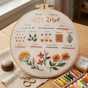 Embroidery Stitches Sampler Kit, Beginner Stitch Guide, Floral Learning Project, DIY Needlecraft Practice