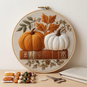 Pumpkin Book Embroidery Kit, Autumn Harvest Hoop Art, Fall Cottage Decor DIY Needlecraft