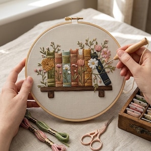 May include: An embroidery hoop containing a fabric panel with a stitched design of colorful books on a shelf, adorned with various embroidered flowers. The scene features green, orange, blue, and yellow book spines with floral details.
