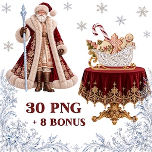 Puede incluir: Una colección digital que presenta una figura de Santa Claus con abrigo de terciopelo rojo y ribete de piel sosteniendo un bastón de hielo, un trineo de cristal con galletas y un bastón de caramelo sobre un mantel rojo, y el texto 30 PNG + 8 BONUS.