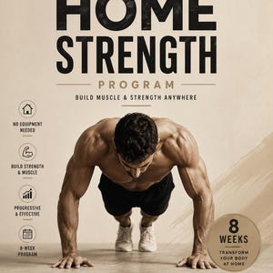 Peut inclure: Une publicité pour un programme de fitness intitulé The Home Strength Program par Hugofitevo. Elle montre une personne faisant des pompes, avec du texte détaillant un programme de 8 semaines, sans équipement, pour gagner en muscle et en force.