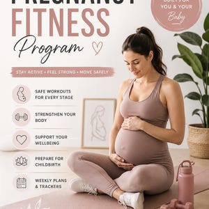 Peut inclure: Un dépliant numérique pour un programme de fitness prénatal de 8 semaines avec du texte, des icônes et une personne enceinte en tenue de sport mauve assise sur un tapis de yoga avec des haltères et une gourde. Le texte inclut des conseils de sécurité.