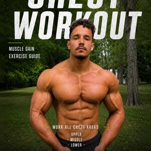 Op de afbeelding: Een digitale trainingsgids getiteld PROGRAM CHEST WORKOUT met tekst over spieropbouw, gerichte oefeningen, gestructureerde programma's, voortgangsregistratie en voedingsadvies voor de borstspieren.