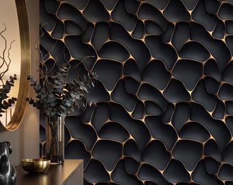 Luxury Black and Gold Wallpaper, 3D Texture Effect Geometric Wall Mural, Moody Dark Mural