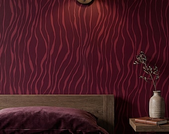 Burgundy Wavy Stripe Wallpaper, Moody Dark Red Abstract Peel and Stick Wall Mural