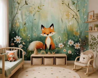 Whimsical Fox Wallpaper for Kids Room, Forest Nursery Wall Mural, Woodland Baby Room Decor
