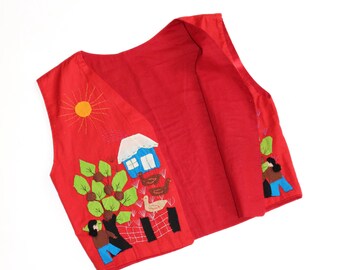 Vintage Tierszene Handgemachte Baumwollweste Weste | 5-7J | Vorderseite und Rückseite