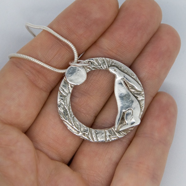 Silver Moon Gazing Hare, Silver Hare and Moon Necklace